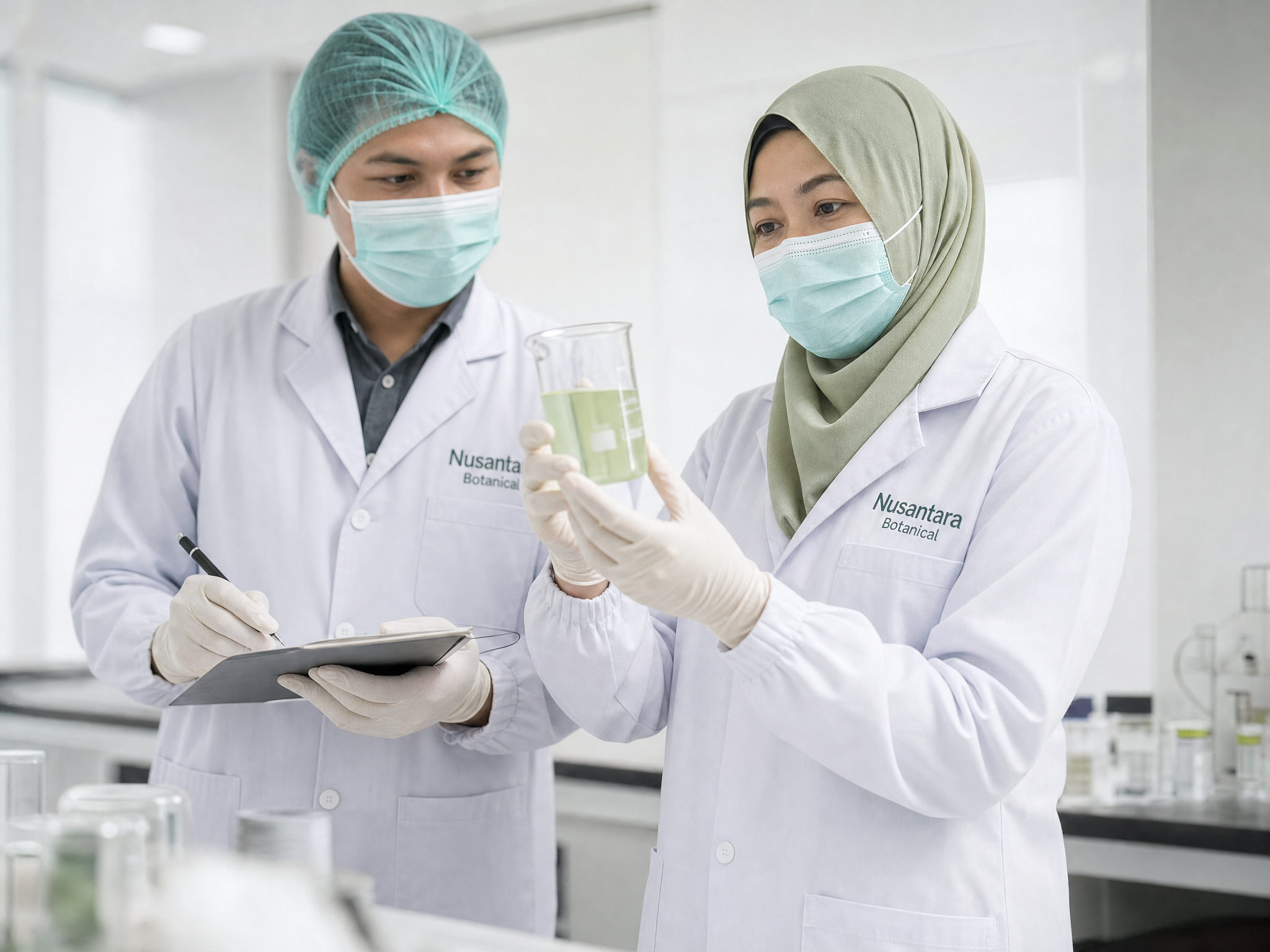 Dr. Azizah and a colleague reviewing a botanical formulation in the laboratory
